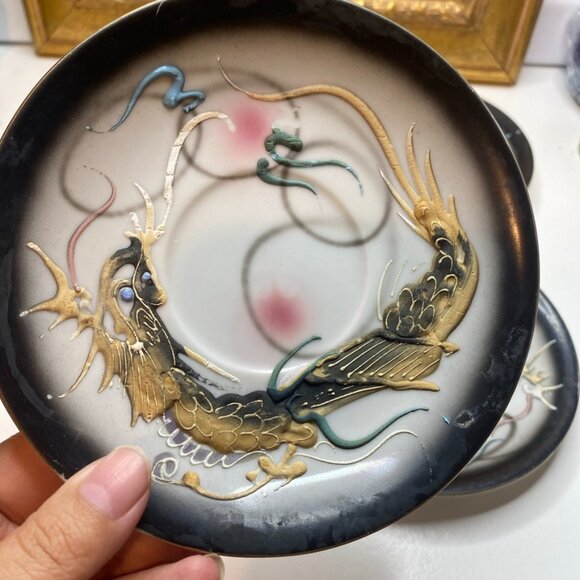 Vintage 5 Saucers Moriage Dragon Ware Marked Lucky Porcelain Japan Black 5.5” - Picture 2 of 9